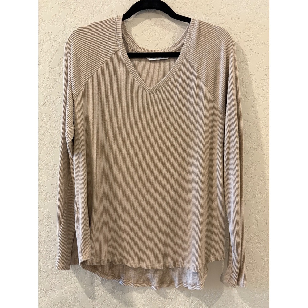 Sonoma Goods For Life Tan Ribbed V-Neck Long Sleeve Top Large
